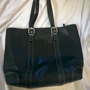 COACH SHOULDER SATCHEL TOTE BAG BLACK LEATHER ZIP #6491 HANG TAG FRONT POCKET